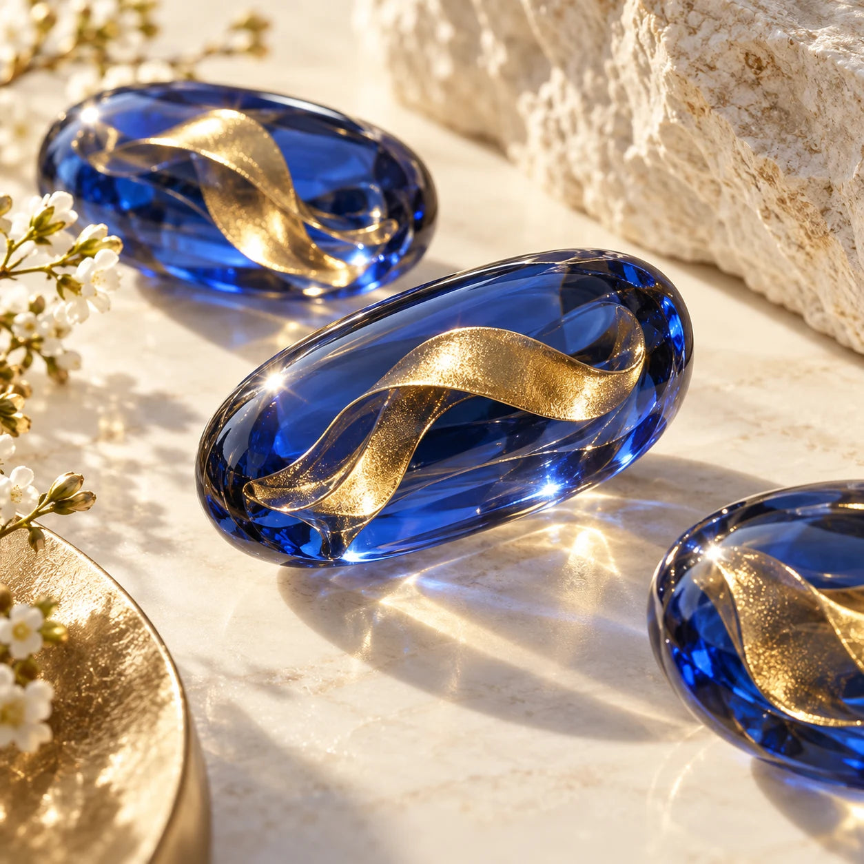 Blue sculptural forms inspired by cellular structures