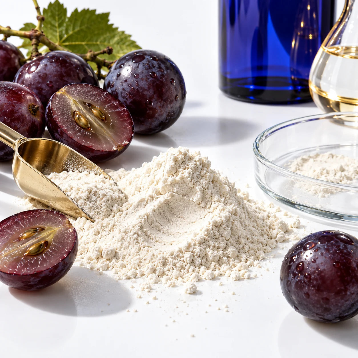 Ingredient still life with grape skins and fine powder