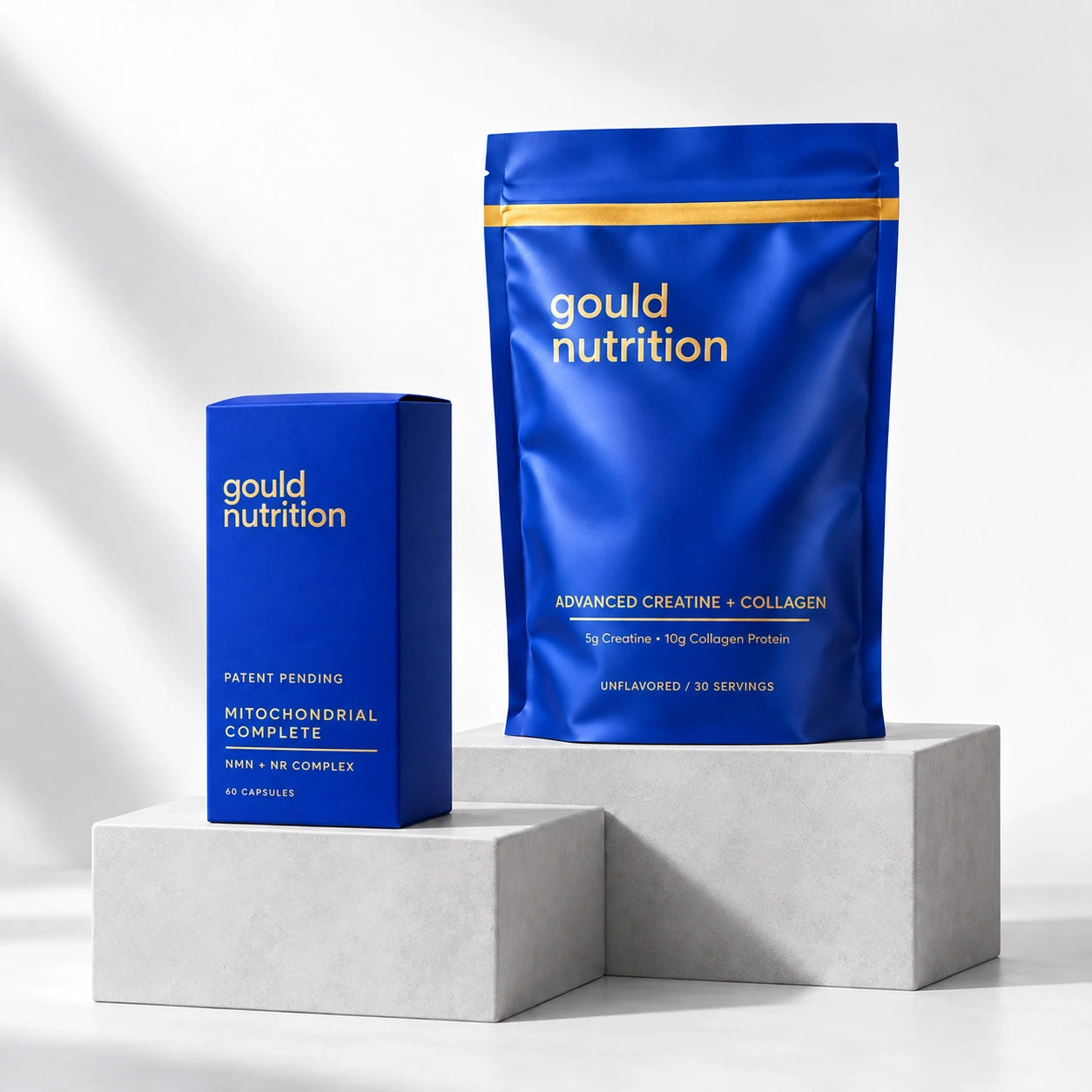 Gould Nutrition NMN box and pouch on pale blue studio plinths
