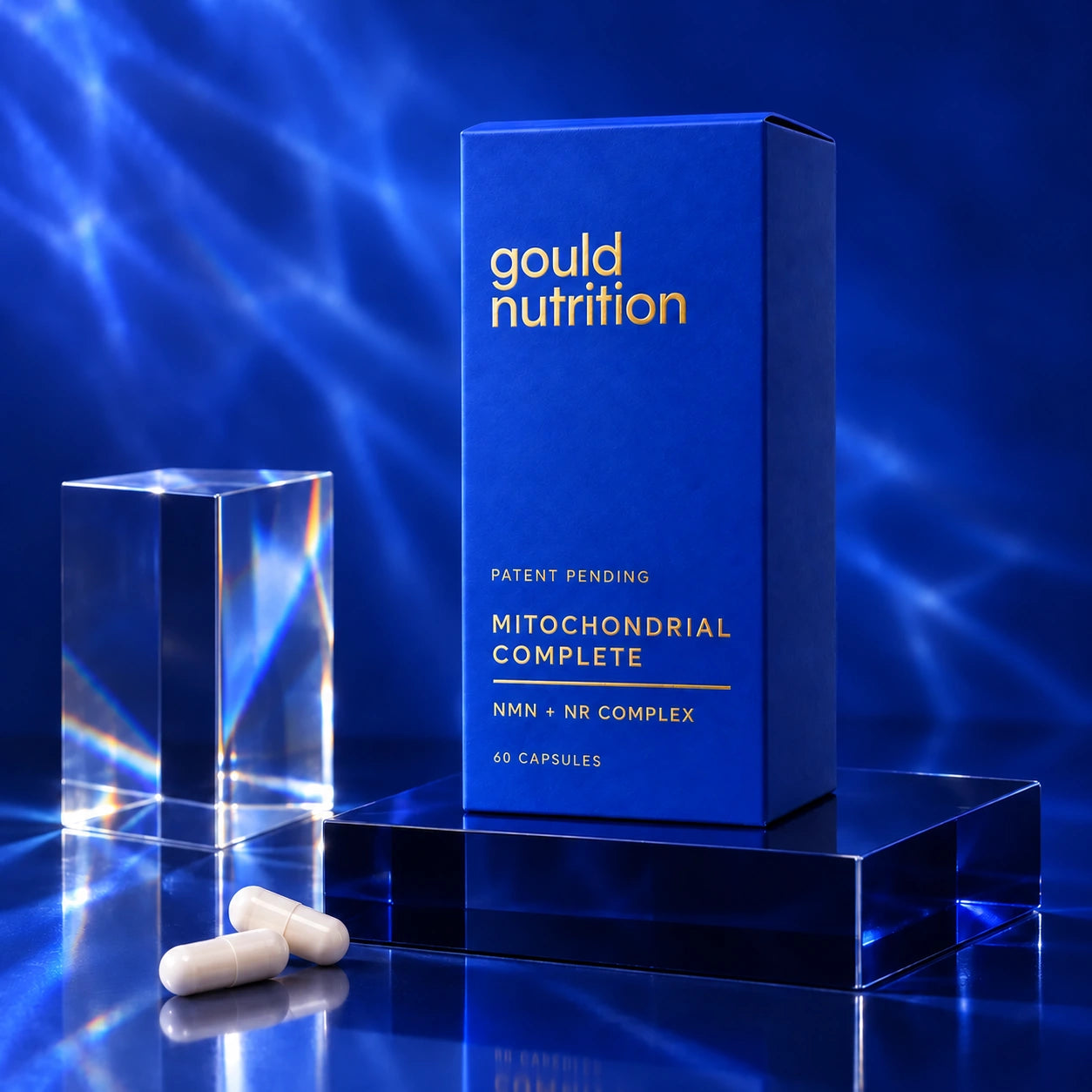 Mitochondrial Complete™ blue carton in a cobalt studio still life