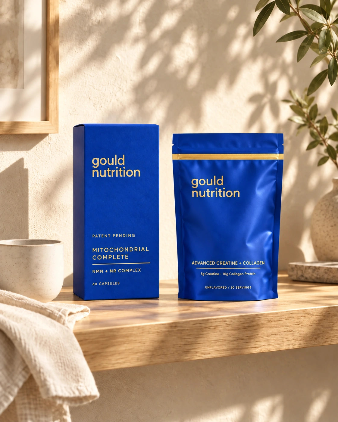 Blue Gould Nutrition carton and pouch on a sunlit shelf