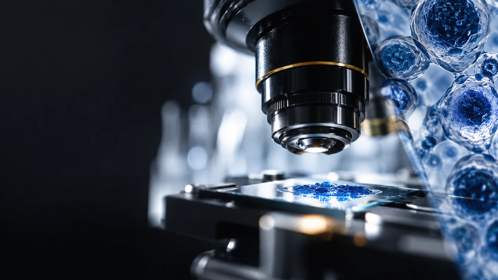 Microscope and blue cellular forms