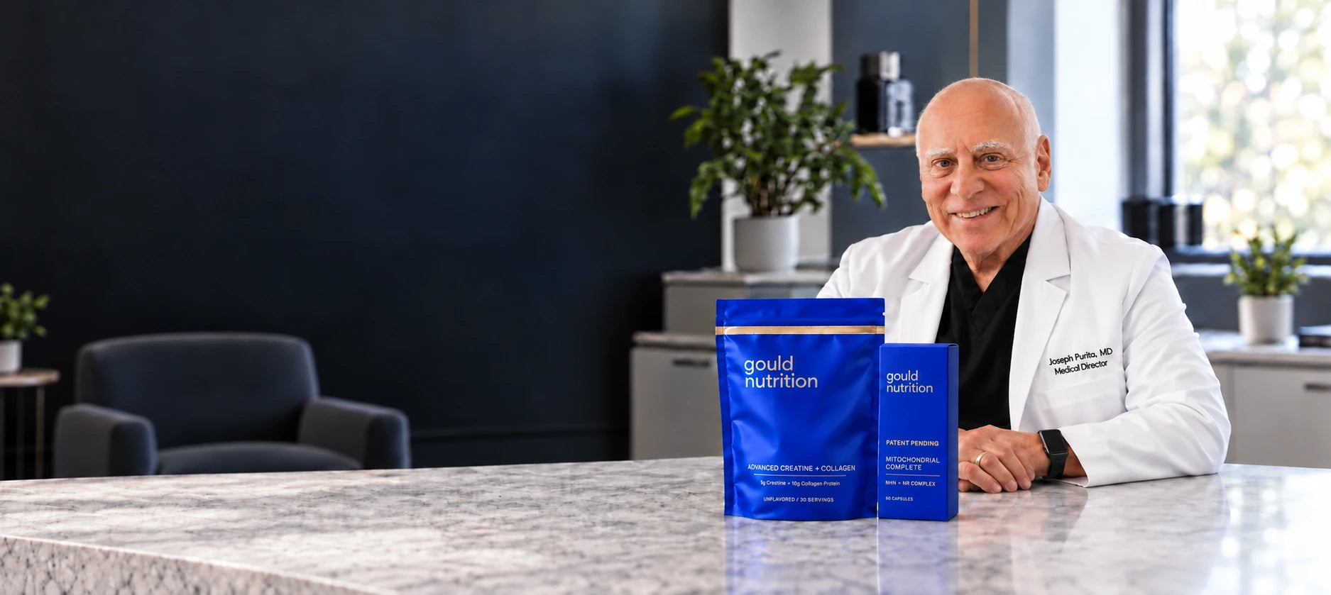 Dr. Joseph Purita with Gould Nutrition Mitochondrial Complete™ and Advanced Creatine + Collagen™